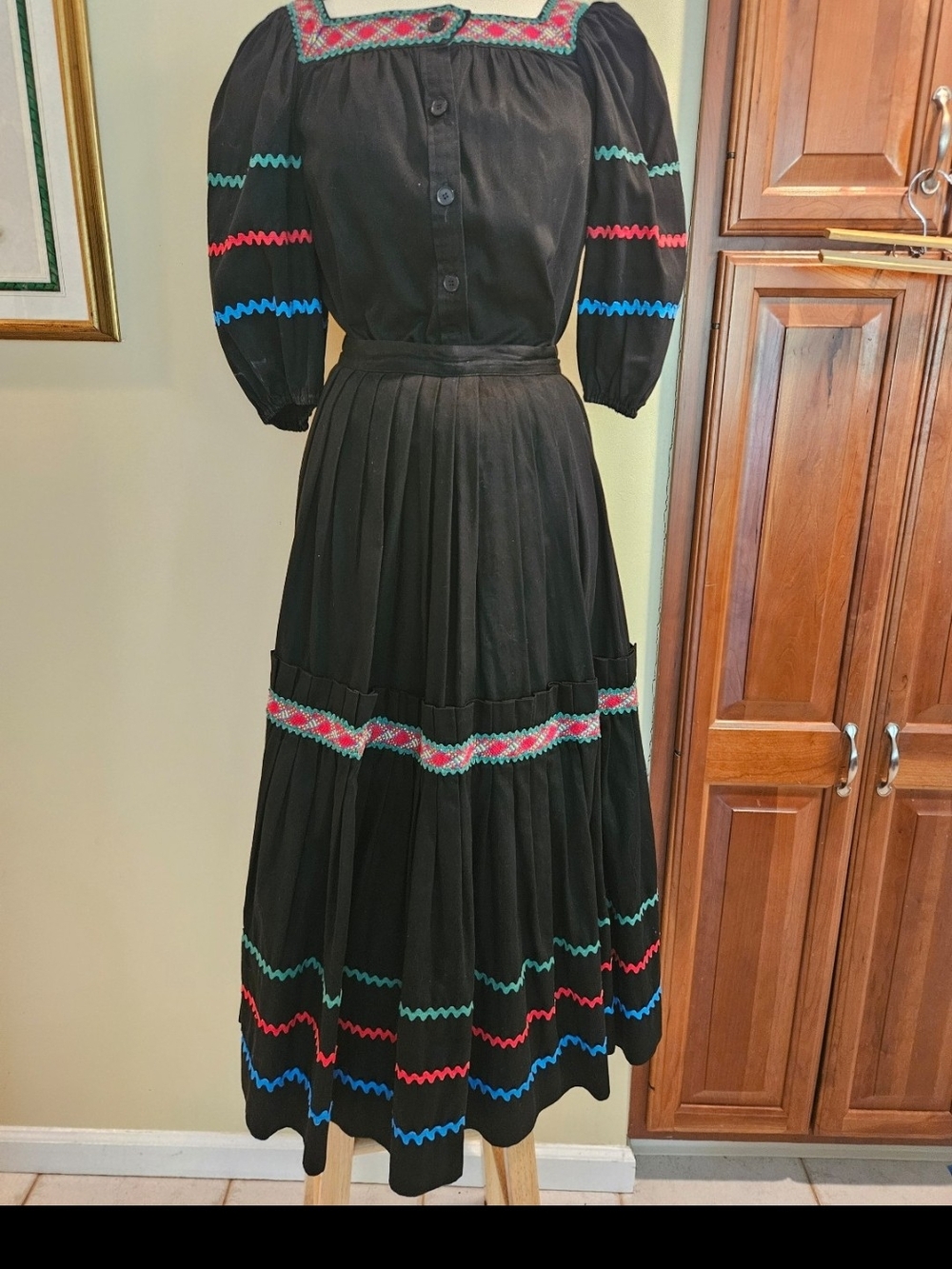 Yves Saint Laurent Black Embroidered Maxi Dress with Multicolor Trim